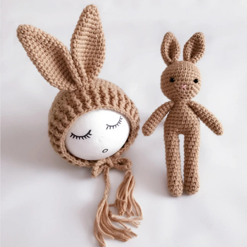Khaki - Newborn Photography Props Posing Doll Handmade Woolen Bunny Doll Cap Bear Cartoon Toy Baby Photoshoot Prop Accessorie Fotografia By WTB