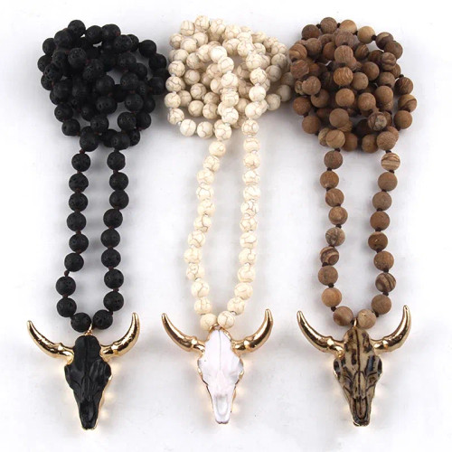 Fashion Bohemian Jewelry Long Knotted Stone Beads 3 Color Horn Pendant Necklace For Women Ethnic Necklace By WTB