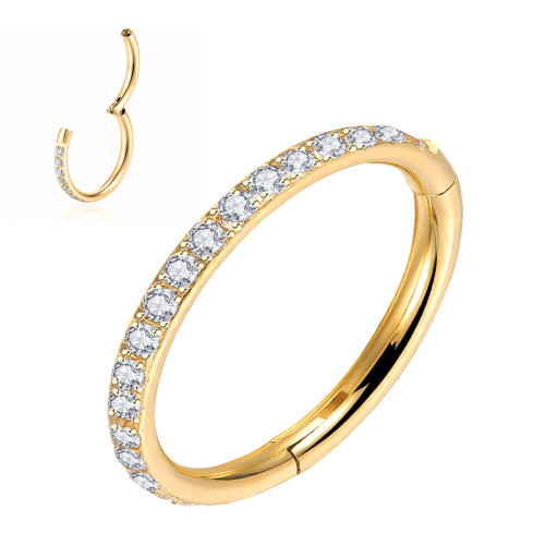 Metal Gold-Color, Main Stone Black - G23 Titanium Piercing Hinged Segment Hoops Cz Stone Nose Rings Ear Cartilage Tragus Helix Earrings Piercing Body Jewelry By WTB