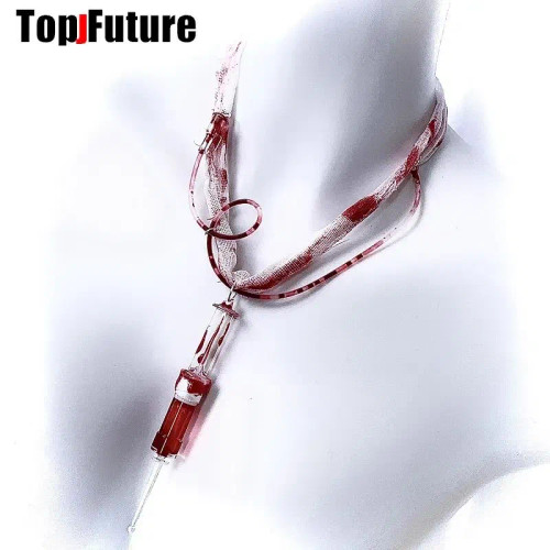Metal Blue Zinc - Women Men Harajuku Gothic Lolita Cosplay Punk Syringe Necklace Subculture Spice Y2K Girl Collar Bloody Choker Chokers Turques By WTB
