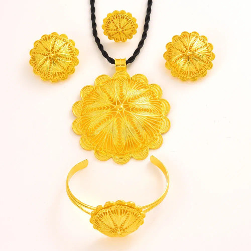Metal Light Yellow Gold Color - 24K Gold Plated Fashion Ethiopian Earrings/Big Pendant/Ring/Bangle Jewelry Sets Gold Plate Africa Bride Wedding Eritrea Set Gift By WTB
