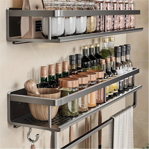Ivory - Multifunctional Kitchen And Bath Tray Wall-Mounted Aluminum Storage Rack Seasoning Bottle Storage Shelf Kitchen Storage Hooks By WTB