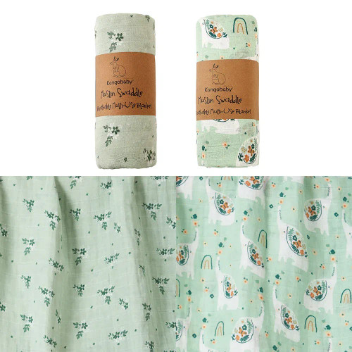 Light Green - Kangobaby New Design 2Pcs Set Double Layers 100% Cotton Newborn Baby Muslin Swaddle Blanket By WTB