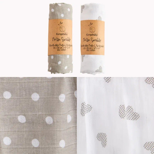 White - Kangobaby New Design 2Pcs Set Double Layers 100% Cotton Newborn Baby Muslin Swaddle Blanket By WTB