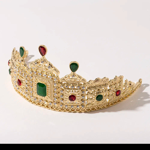 Metal Gold-Color - Luizada European Princess Queen Round Headdress Moroccan Bride Crystal Crown King Bride Headdress Wedding Hair Accessories By WTB