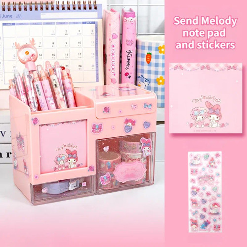 Silver - Miniso Sanrio Pen Holder Organizer Kawaii Kuromi Melody Cinnamoroll Sticker Desktop Storage Box Big Capacity Stationery Storage By WTB