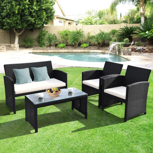 4 Pieces Rattan Patio Furniture Set With Weather Resistant Cushions And Tempered Glass Tabletop White Hw63239Wh By Cw