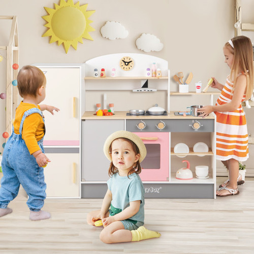Kids Play Kitchen Set With Realistic Range Hood And Refrigerator Tm10092 By Cw