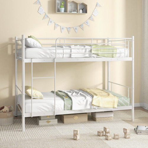 Metal Bunk Bed With Ladder And Full Length Guardrails White Hu10495Wh T By Cw