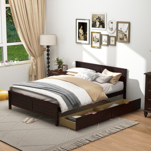 Full Size Bed Frame With Storage Drawers And Solid Wood Headboard Espresso Hu10561Cf F By Cw