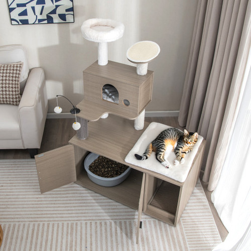 2 In 1 Modern Cat Tower With Litter Box Enclosure For Indoor Cars Gray Pv10119Gr By Cw