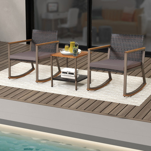 3 Pieces Rattan Rocking Bistro Set With Coffee Table And Cushions Gray Hw70901Gr By Cw
