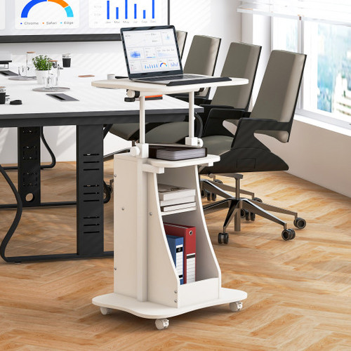 Mobile Podium Stand Height Adjustable Laptop Cart With Tilting Tabletop And Storage Compartments White Cb10517Wh By Cw