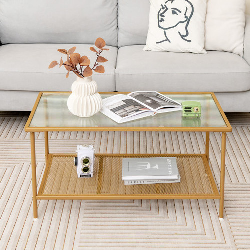 2 Tier Coffee Table With Shelf Center Tea Table With Tempered Glass Top Golden Hv10533Gd By Cw
