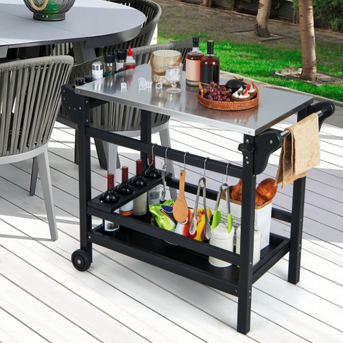 Movable Outdoor Dining Cart Table Hdpe Pizza Oven Stand Table With Stainless Steel Tabletop Black Np11555Bk By Cw