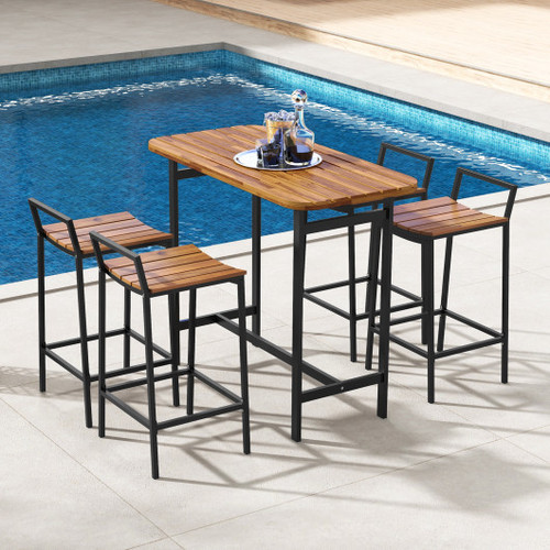 5 Piece Acacia Wood Bar Table Set Bar Height Table And Chairs With Metal Frame And Footrest Hw72114 By Cw