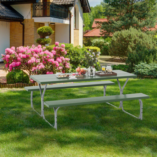 6 Ft Picnic Table Bench Set Dining Table And 2 Benches With Metal Frame And Hdpe Tabletop Green Np11266Ls By Cw