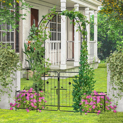 87 Inches Garden Arbor With Lockable Gate Side Planters Black Gt4136Bk By Cw