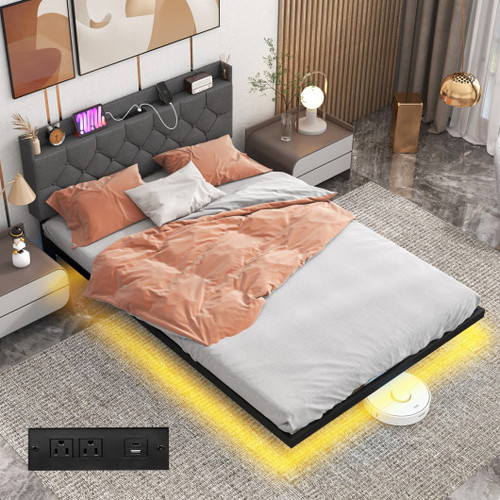 Full Queen Size Floating Bed Frame With Led And Headboard And Charging Station Full Size Hu10661Gr F By Cw