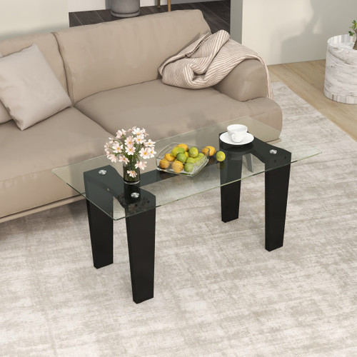 39 5 Inch Glass Coffee Table Modern Rectangular Center Table With Solid Rubber Wood Legs Black Jv11575Dk By Cw