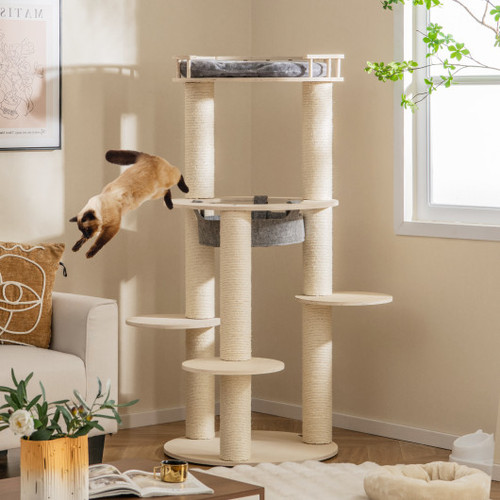 5 Level Wooden Cat Tree With Padded Perch Non Woven Hammock Gray Pv10171Gr By Cw
