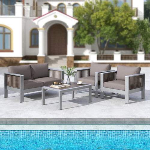 Outdoor Rectangle Coffee Table With Tempered Glass Tabletop For Backyard Poolside Gray Np11418Gr By Cw