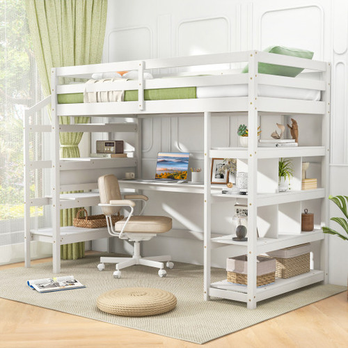 Twin Size Loft Bed With Desk And Storage Stairs Loft Bed Frame With Shelves And Safety Guardrails White Hu10707Wh By Cw
