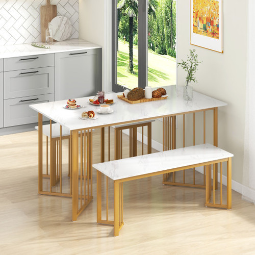 4 Piece Dining Table Set With Bench And 2 Stools White Kc56960Wh By Cw
