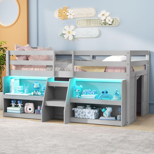 Twin Size Loft Bed With Led Lights With Staircase And Safety Guardrail Grey Hu10769Gr By Cw