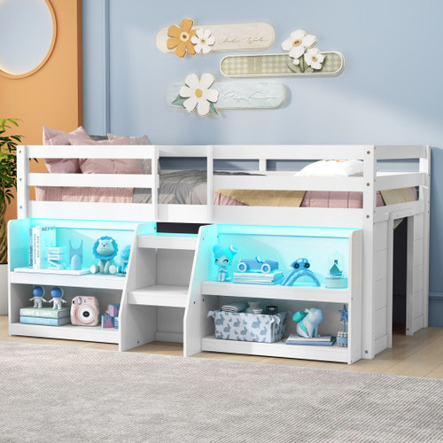 Twin Size Loft Bed With Led Lights With Staircase And Safety Guardrail White Hu10769Wh By Cw
