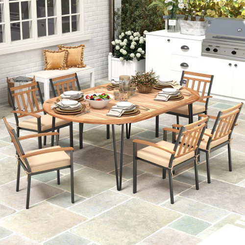 79 Inch Oval Patio Dining Table With Umbrella Hole And Acacia Wood Tabletop For 8 People Hw72246 By Cw