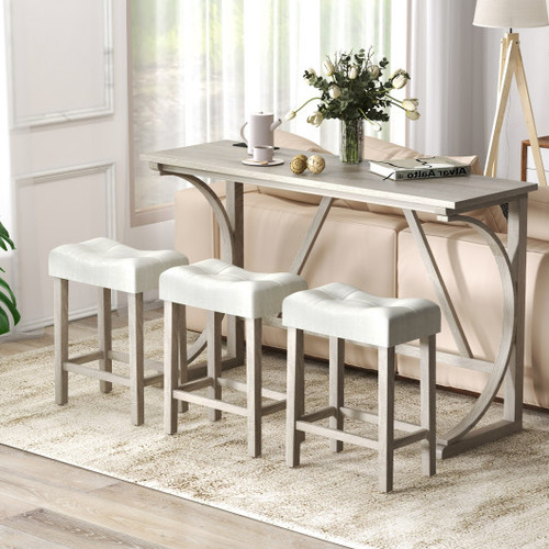 4 Piece Bar Table Set With Power Outlet And Upholstered Saddle Seat Stools Grey And Beige Jv11850Gr By Cw