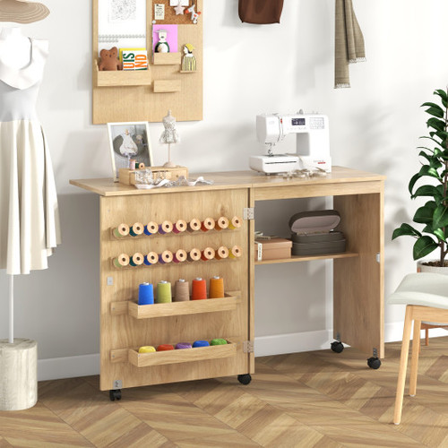 Folding Sewing Table With Storage Shelf And 5 Lockable Wheels Natural Jv11552Na By Cw