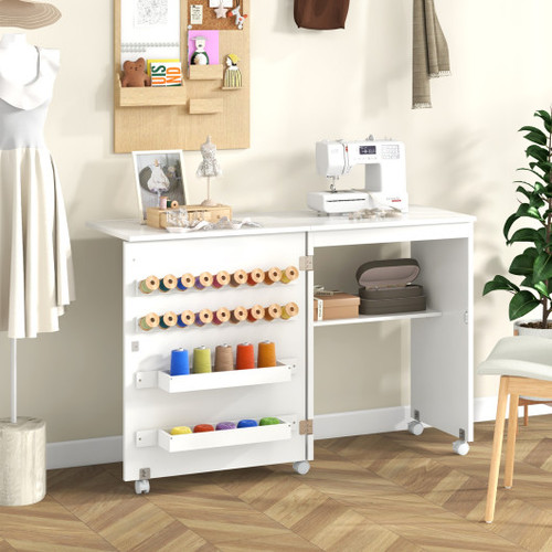 Folding Sewing Table With Storage Shelf And 5 Lockable Wheel White Jv11552Wh By Cw