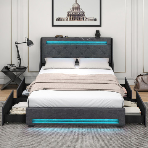Full Size Bed Frame With Led Lights Wingback Headboard And Charging Station Grey Hu10865Gr F By Cw