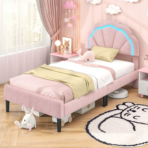 Upholstered Led Bed Frame With Adjustable Flower Headboard And Metal Support Feet Pink Twin Size Hu10863Pi T By Cw