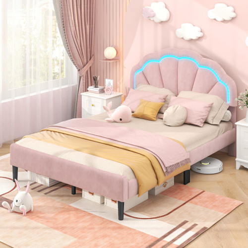 Upholstered Led Bed Frame With Adjustable Flower Headboard And Metal Support Feet Pink Full Size Hu10863Pi F By Cw