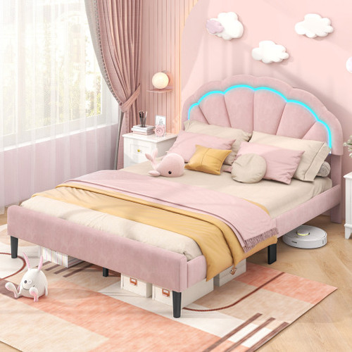 Upholstered Led Bed Frame With Adjustable Flower Headboard And Metal Support Feet Pink Queen Size Hu10863Pi Q By Cw