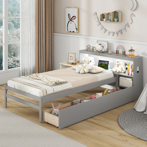 Twin Size Bed Frame With Led Light And Bookcase Headboard Gray Hu10916Gy By Cw