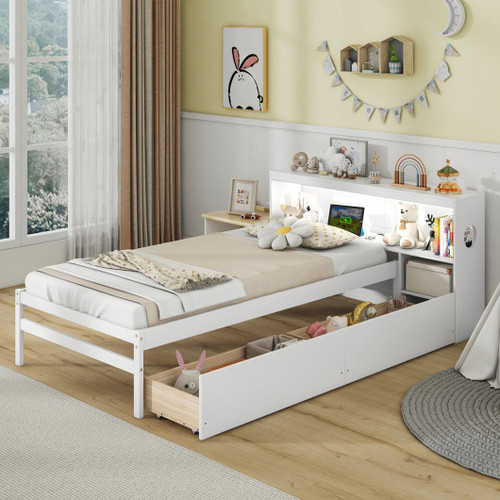 Twin Size Bed Frame With Led Light And Bookcase Headboard White Hu10916Wh By Cw