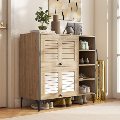 Shoe Rack Organizer With Flip Up See Through Doors And Adjustable Shelves Oak Jv12066Oa By Cw
