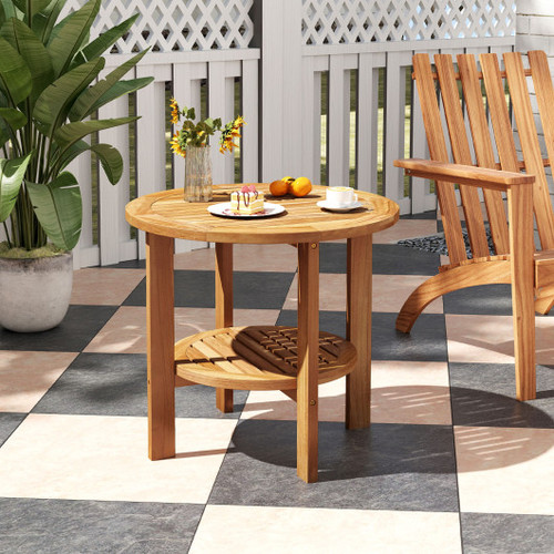 Outdoor Teak Wood Round Side Table Patio End Table With Slatted Storage Shelf Jv11891 By Cw
