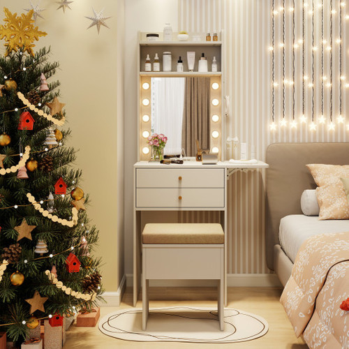 Compact Vanity Desk Set With 3 Color Lighted Mirror And Power Outlets White Hu10805Us Wh By Cw