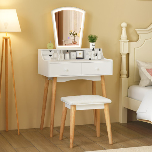 Vanity Desk Set With 3 Color Adjustable Led Lighted Mirror And Drawers White Jv11977Us Wh By Cw