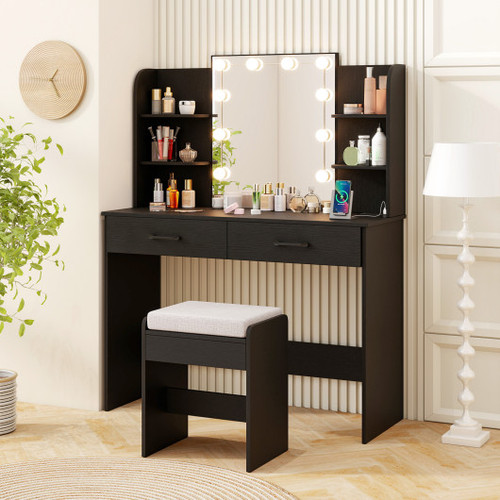 Vanity Set With Lighted Mirror And Stool With Power Outlet Black Hu10803Us Dk By Cw