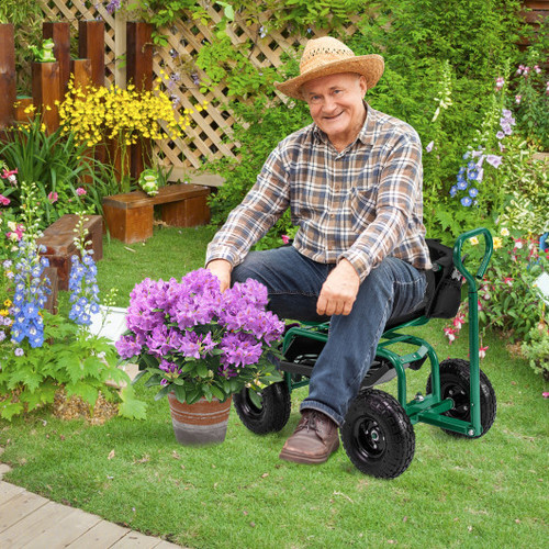 Cushioned Rolling Garden Cart Scooter With Storage Basket And Tool Pouch Green Gt4030Gn By Cw