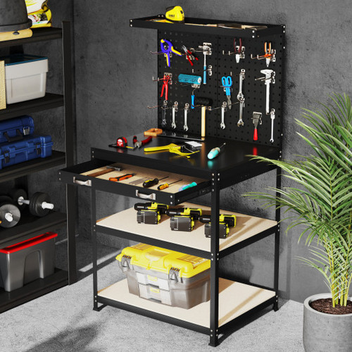 32 X 16 Inch Workbench Work Table With 2 Pcs Pegboard Drawer And Shelves Black Th10085Bk By Cw