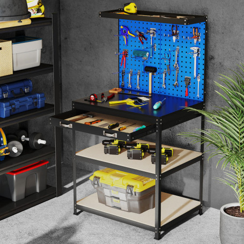 32 X 16 Inch Workbench Work Table With 2 Pcs Pegboard Drawer And Shelves Navy Th10085Ny By Cw