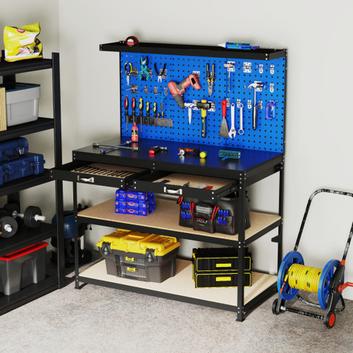 48 X 24 Inch Workbench Work Table With 3 Pcs Pegboard Drawer And Shelves Navy Th10086Ny By Cw