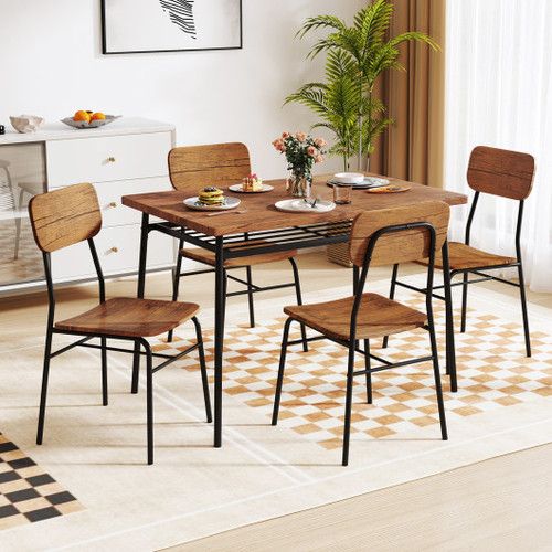 5 Piece Table Set For 4 With Metal Frame And Storage Rack Brown Kc57728Bn By Cw